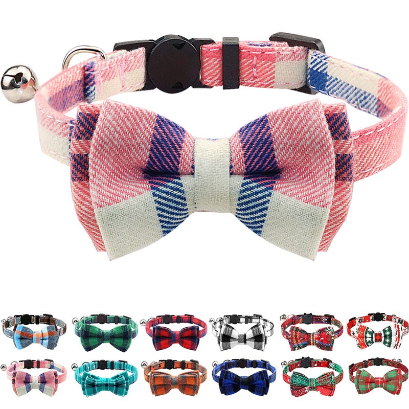 Joytale Upgraded Cat Collar with Bells, Breakaway Cat Collars with Bow Tie, 1 Pack Girl Boy Safety Plaid Kitten Collars, Pink - Image 1